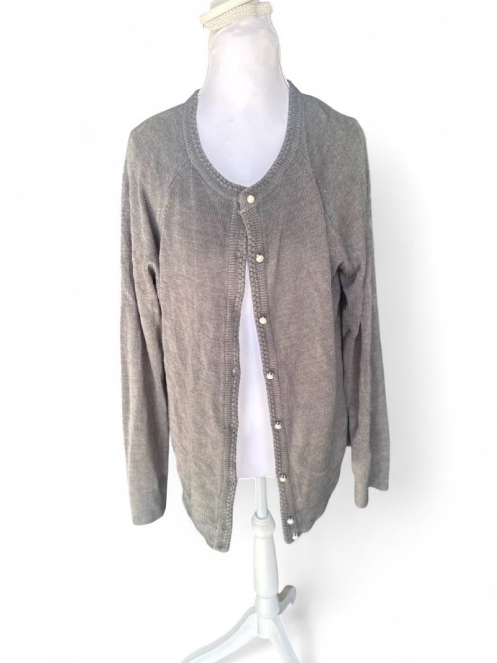Karen Scott Large Light Gray Pearl-Button Cardigan